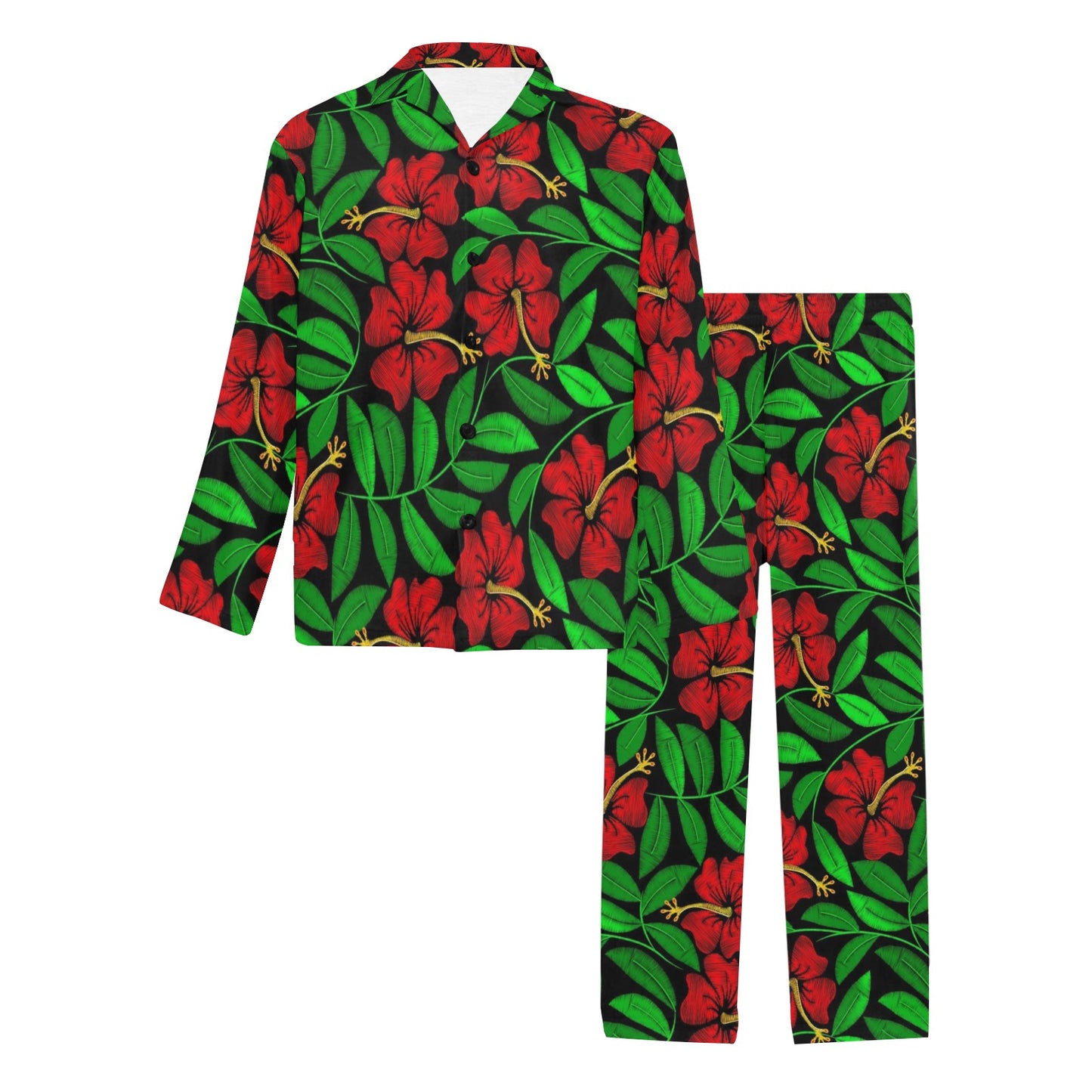 Red Hibiscus Embroidered Pattern Print Design HB032 Men's Long Pajama Set
