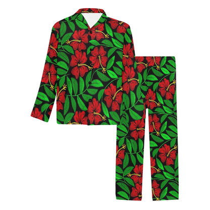 Red Hibiscus Embroidered Pattern Print Design HB032 Men's Long Pajama Set