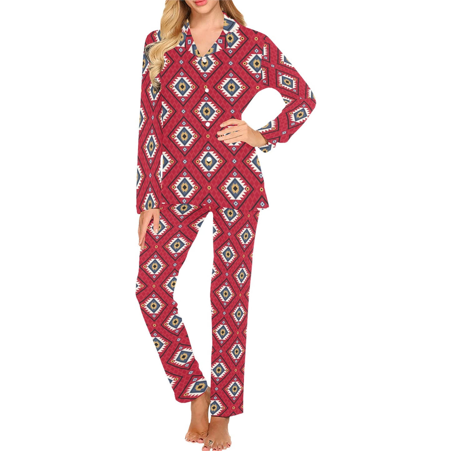 Aztec Pattern Print Design 10 Women's Long Pajama Set