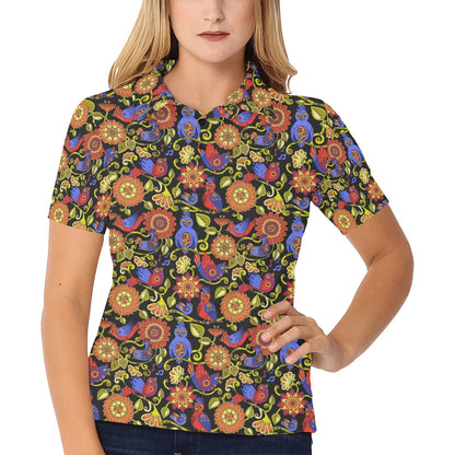 Steampunk Bird Design Themed Print Women's Polo Shirt
