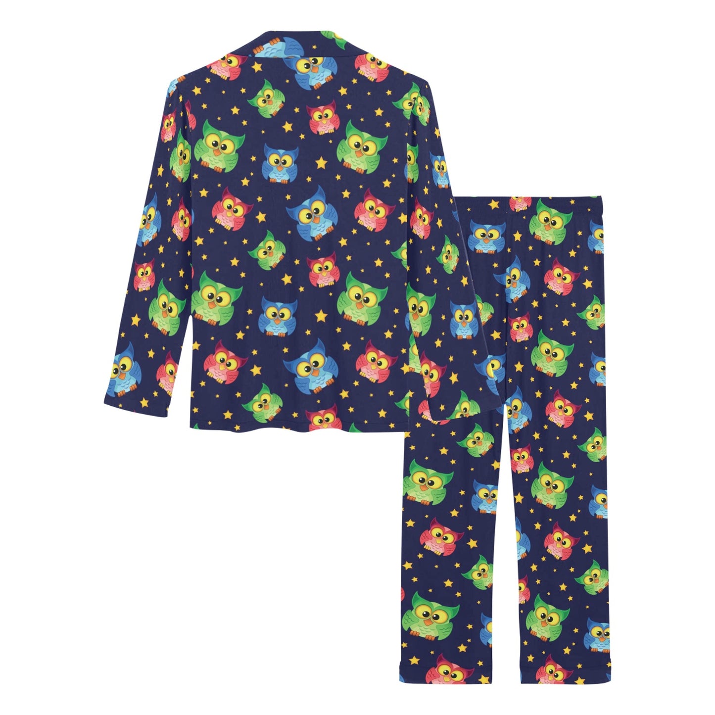 Owl with Star Themed Design Print Women's Long Pajama Set