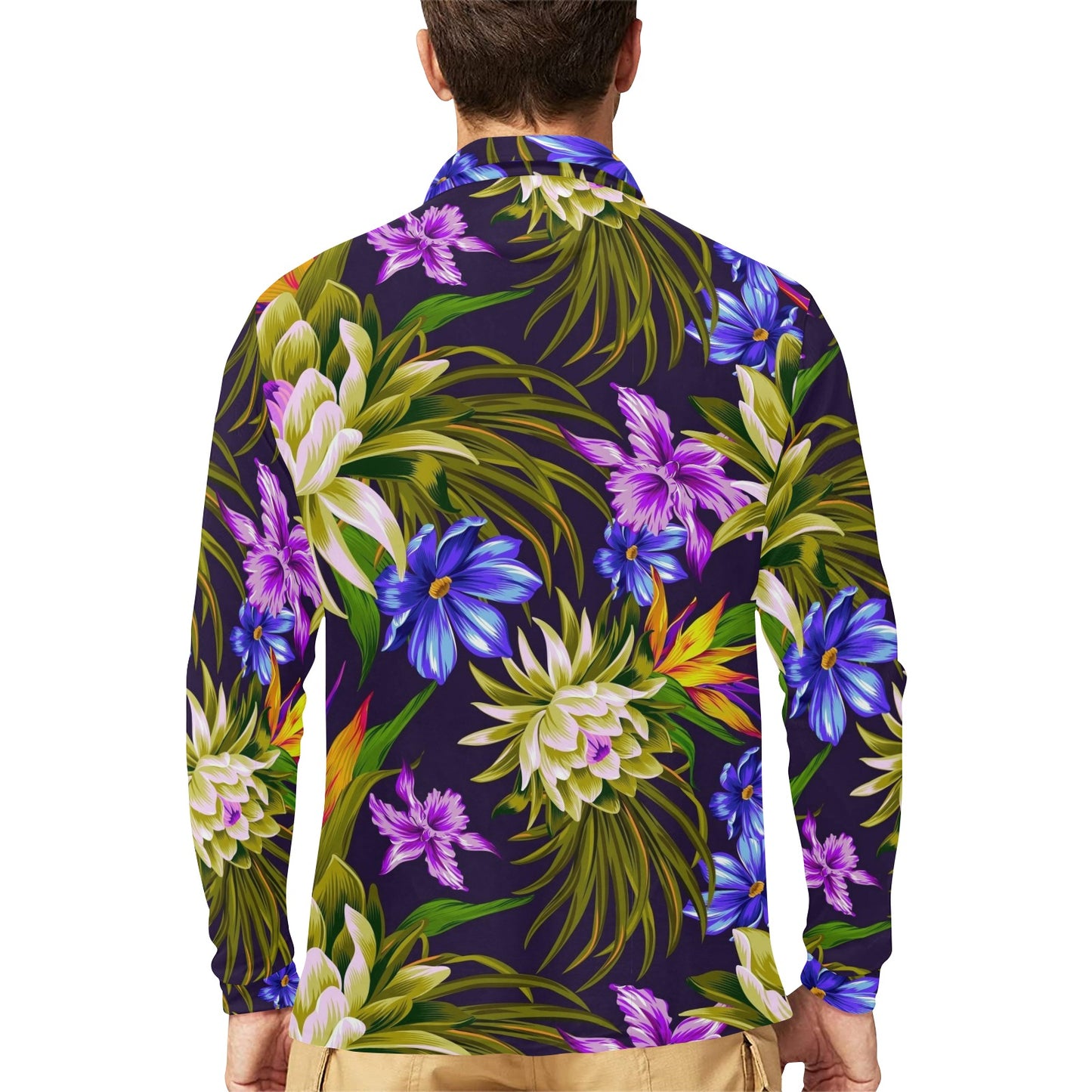 Water Lily Pattern Print Design WL08 Long Sleeve Polo Shirt For Men's