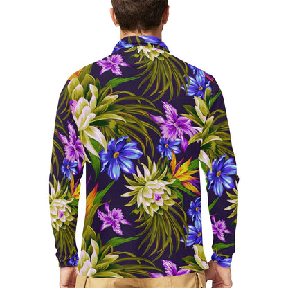 Water Lily Pattern Print Design WL08 Long Sleeve Polo Shirt For Men's