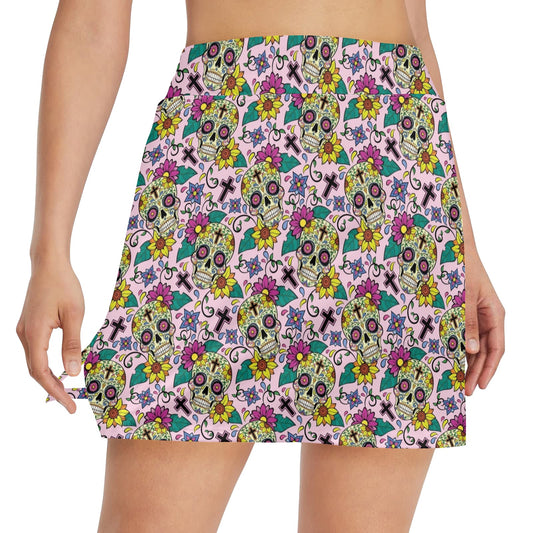 Sugar Skull Print Design LKS307 17" Golf & Pickleball Skort with Pockets