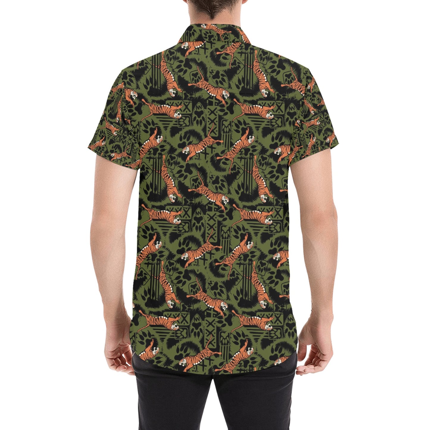 Tiger Pattern Print Design LKS303 Men Short Sleeve Button Up Shirt