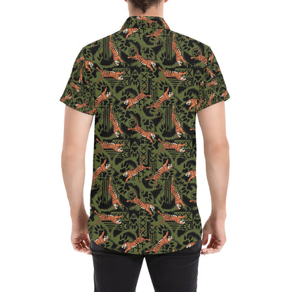 Tiger Pattern Print Design LKS303 Men Short Sleeve Button Up Shirt
