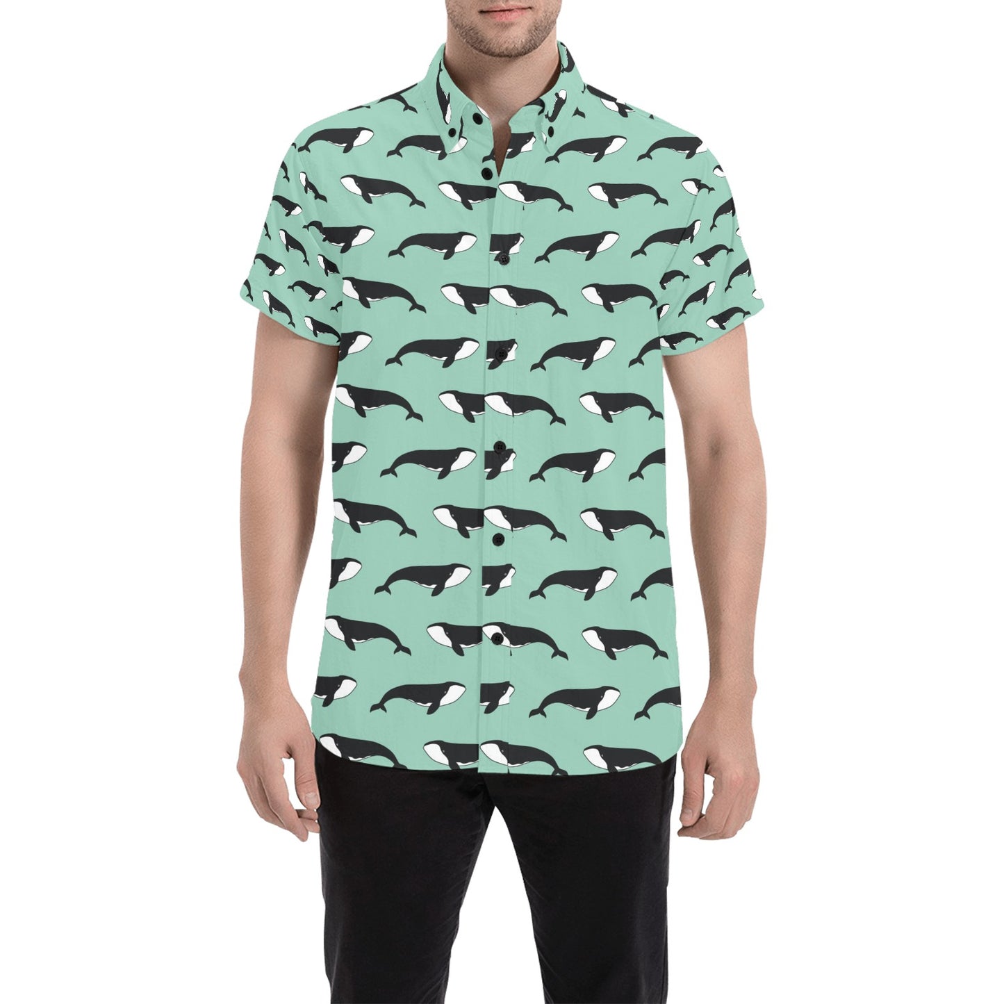 Whale Print Design LKS307 Men Short Sleeve Button Up Shirt