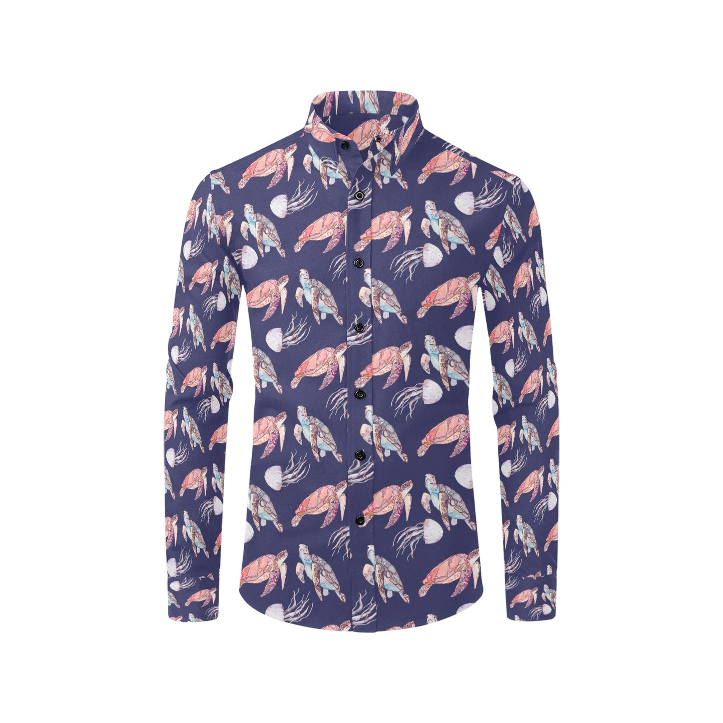 Sea Turtle With Jelly Fish Print Design LKS301 Men's Long Sleeve Dress Shirt