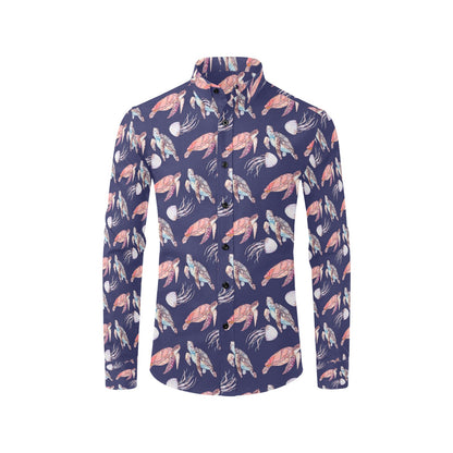Sea Turtle With Jelly Fish Print Design LKS301 Men's Long Sleeve Dress Shirt