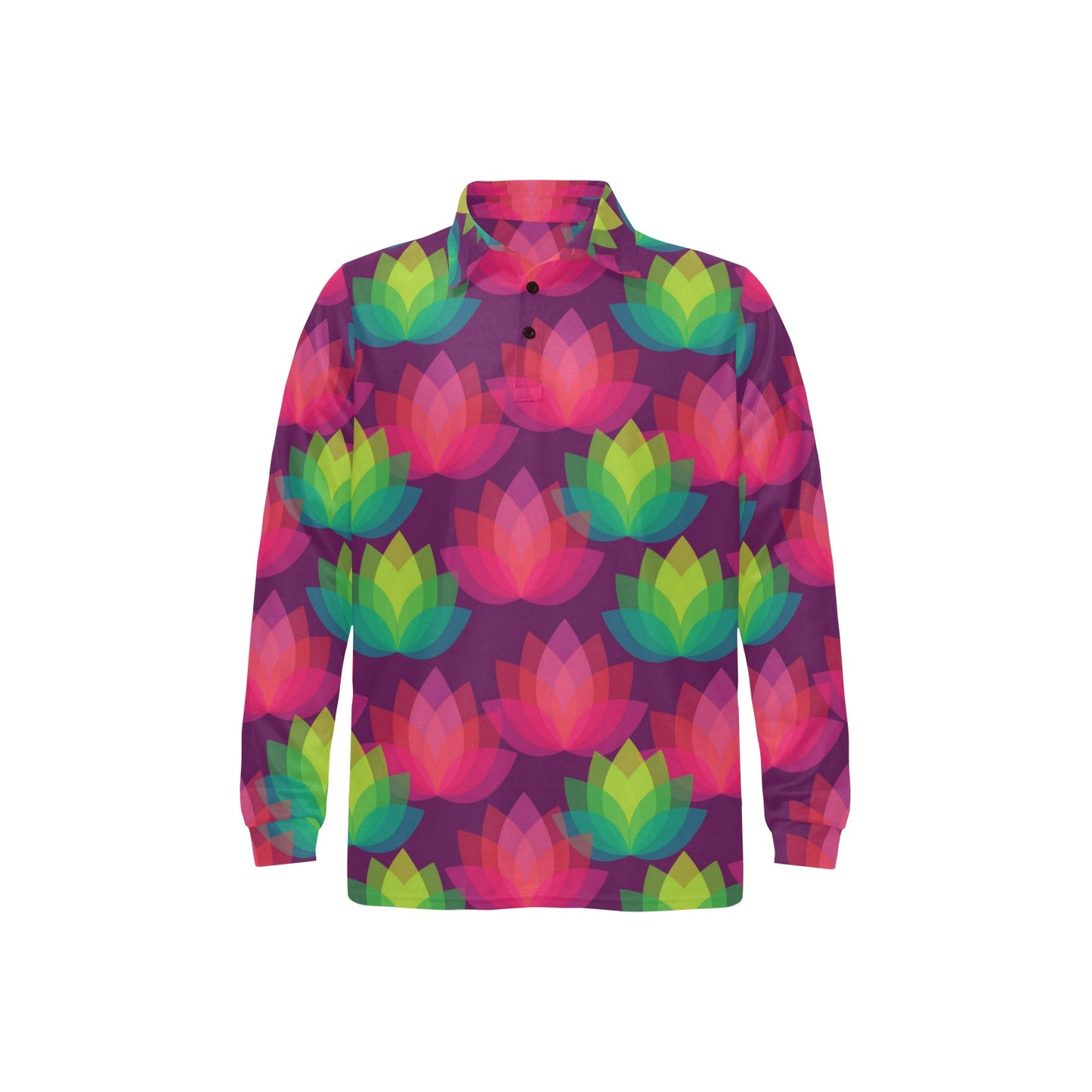 Lotus Pattern Print Design 02 Long Sleeve Polo Shirt For Men's