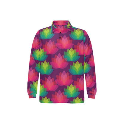 Lotus Pattern Print Design 02 Long Sleeve Polo Shirt For Men's