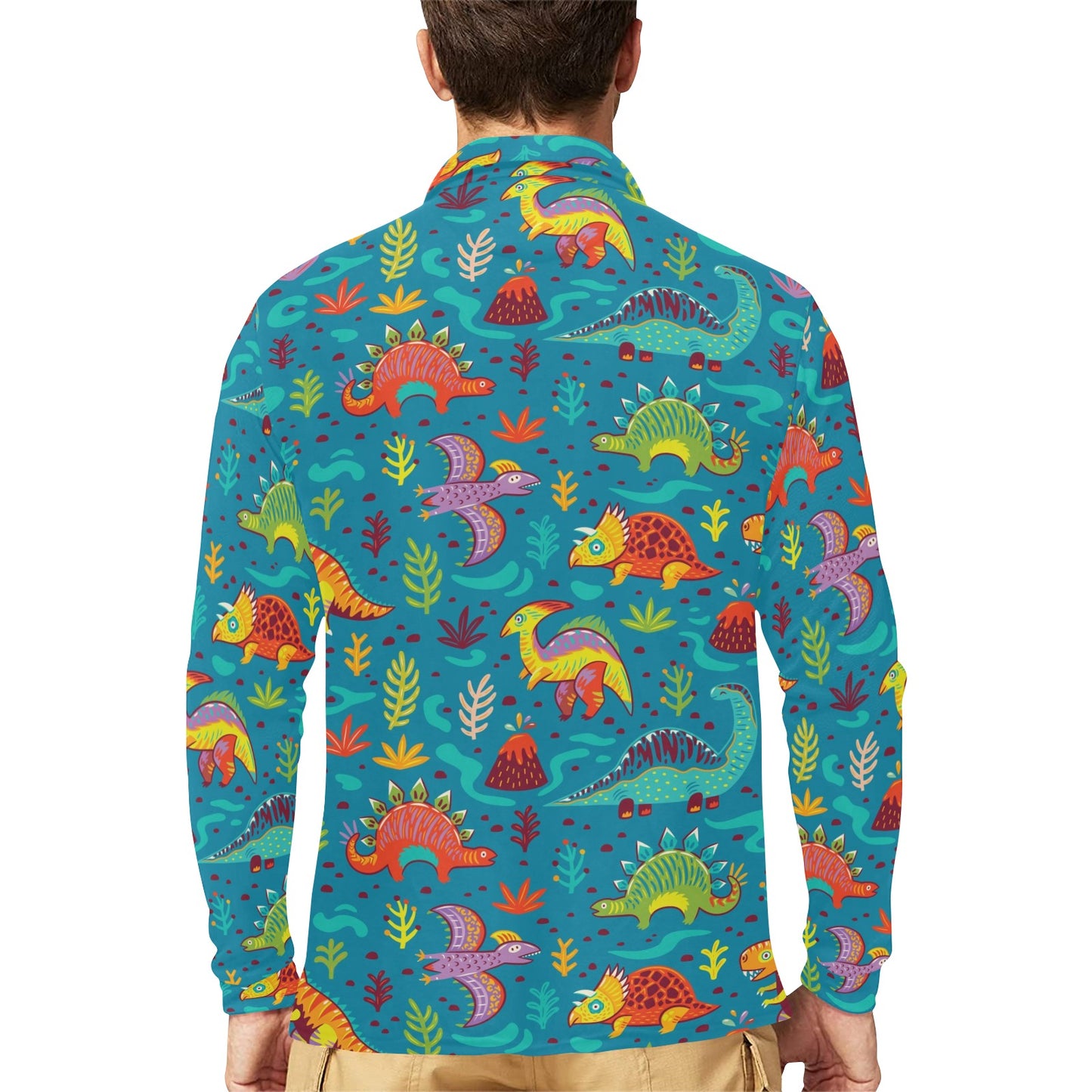Dinosaur Cartoon Style Long Sleeve Polo Shirt For Men's
