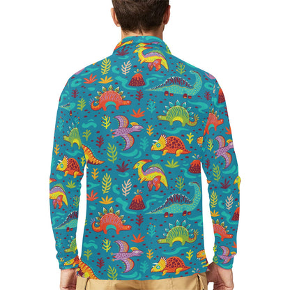 Dinosaur Cartoon Style Long Sleeve Polo Shirt For Men's