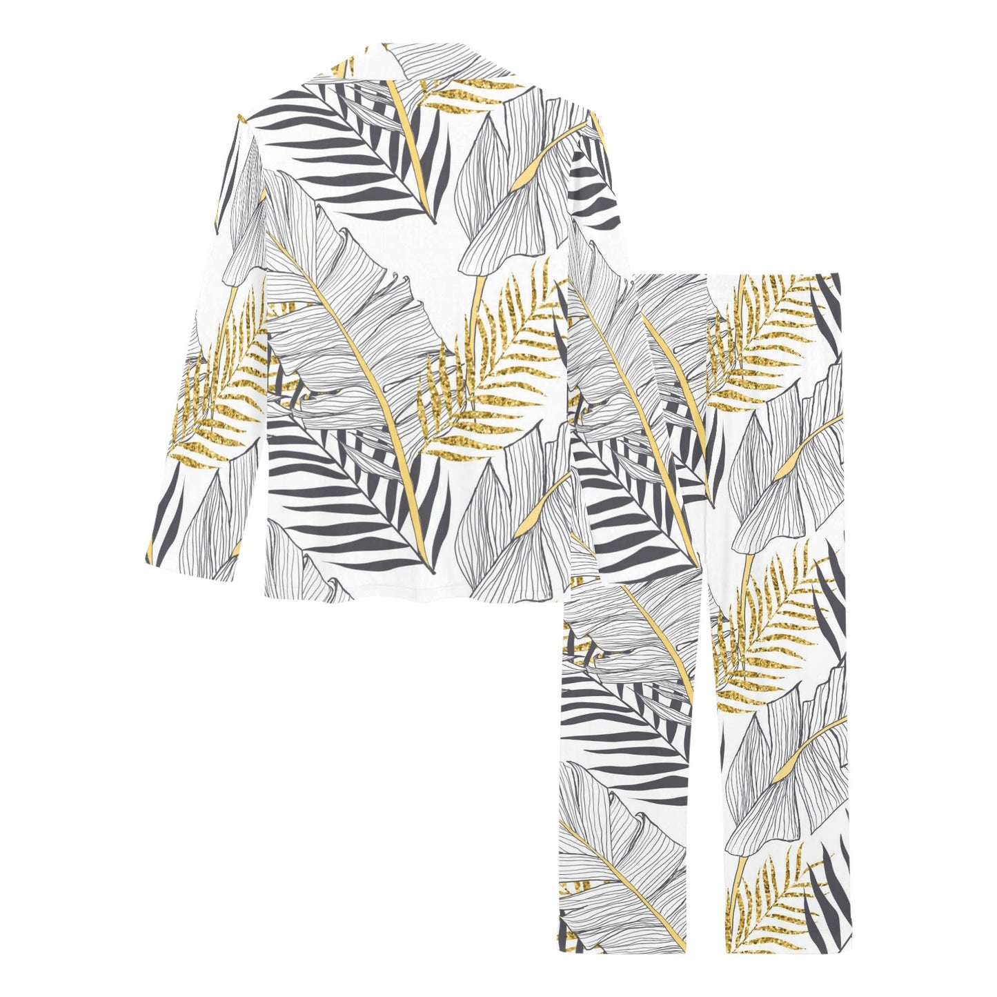 Gold Glitter Tropical Palm Leaves Women's Long Pajama Set