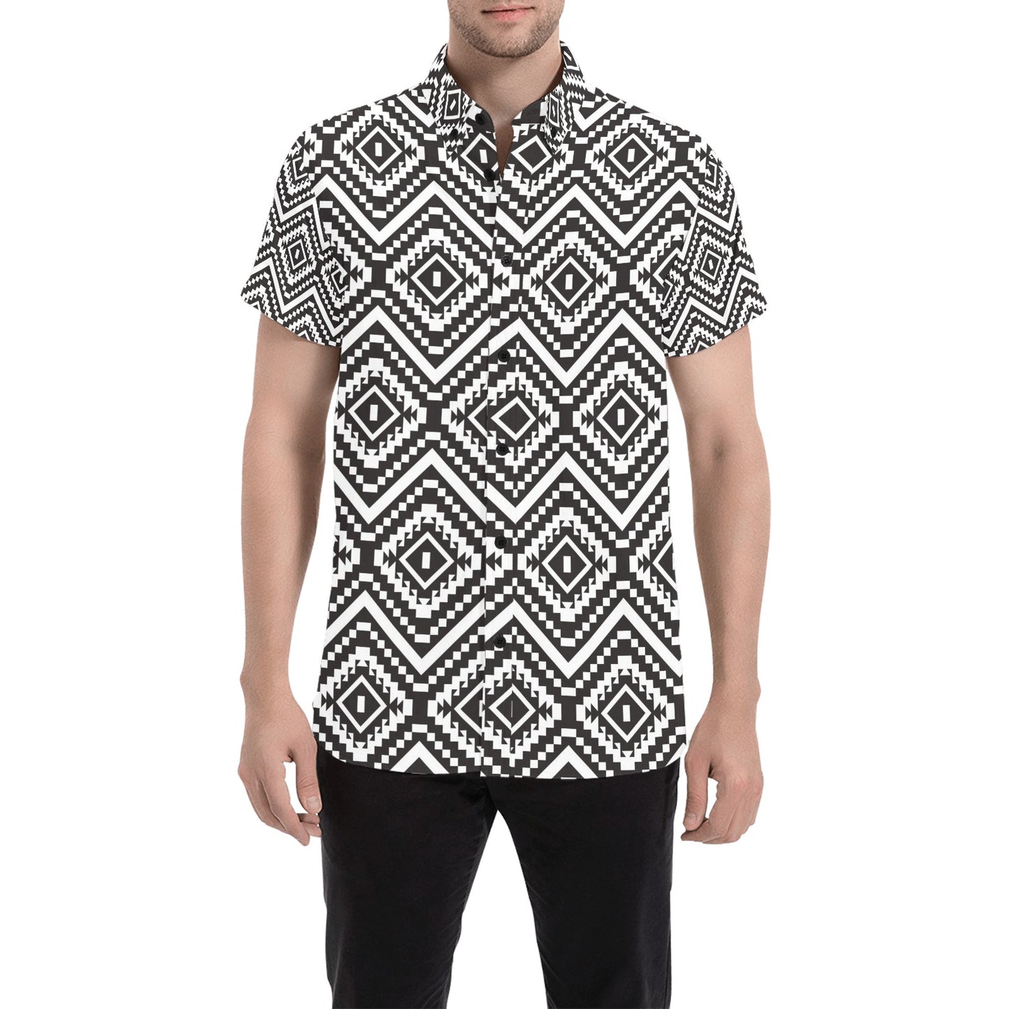 Tribal Pattern Print Design LKS303 Men Short Sleeve Button Up Shirt