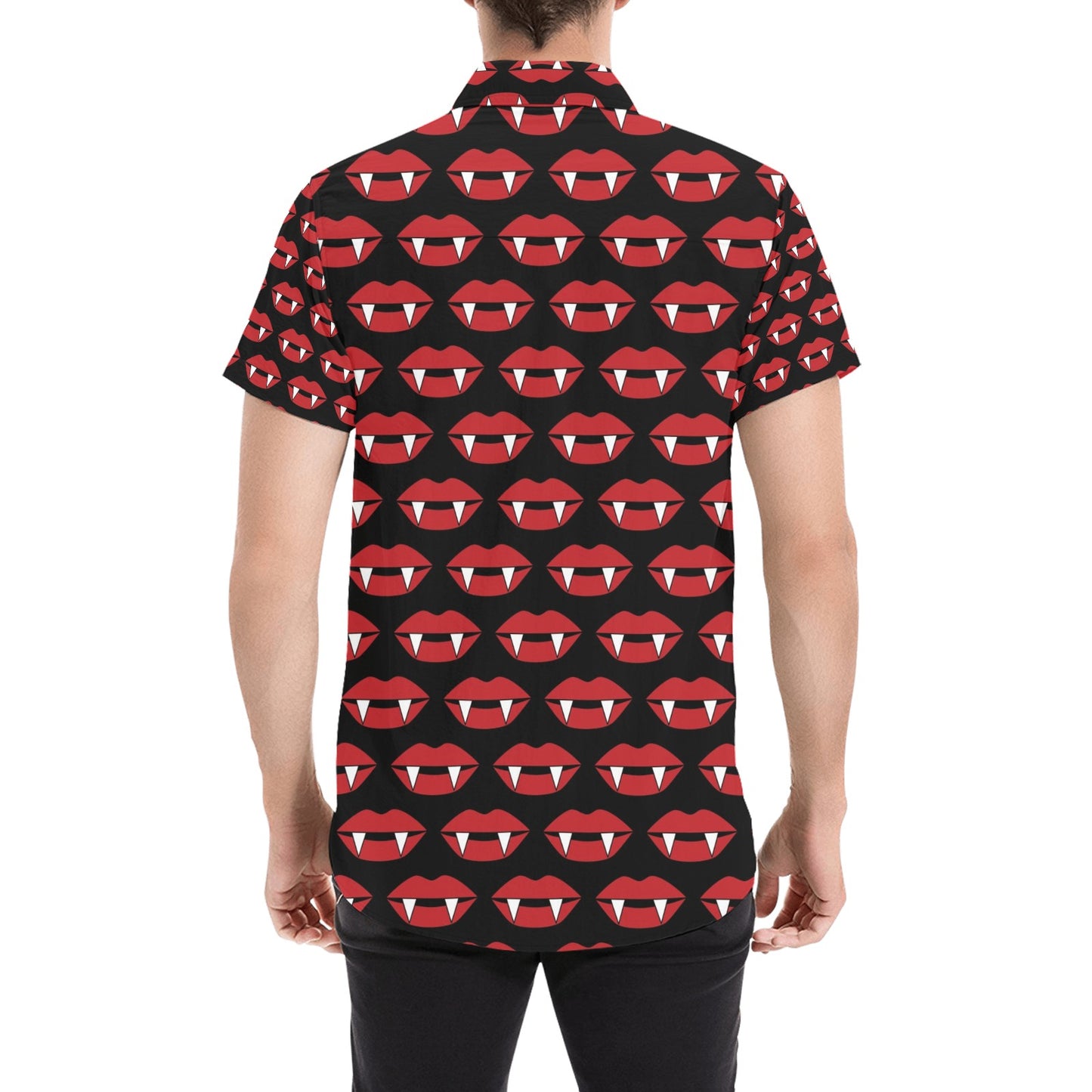Vampire Lips Print Design LKS302 Men Short Sleeve Button Up Shirt