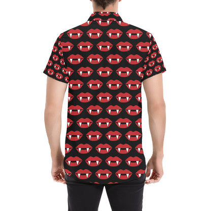Vampire Lips Print Design LKS302 Men Short Sleeve Button Up Shirt
