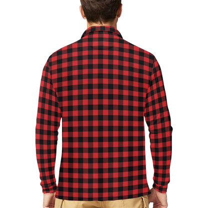 Red Black Buffalo Tartan Plaid Pattern Long Sleeve Polo Shirt For Men's