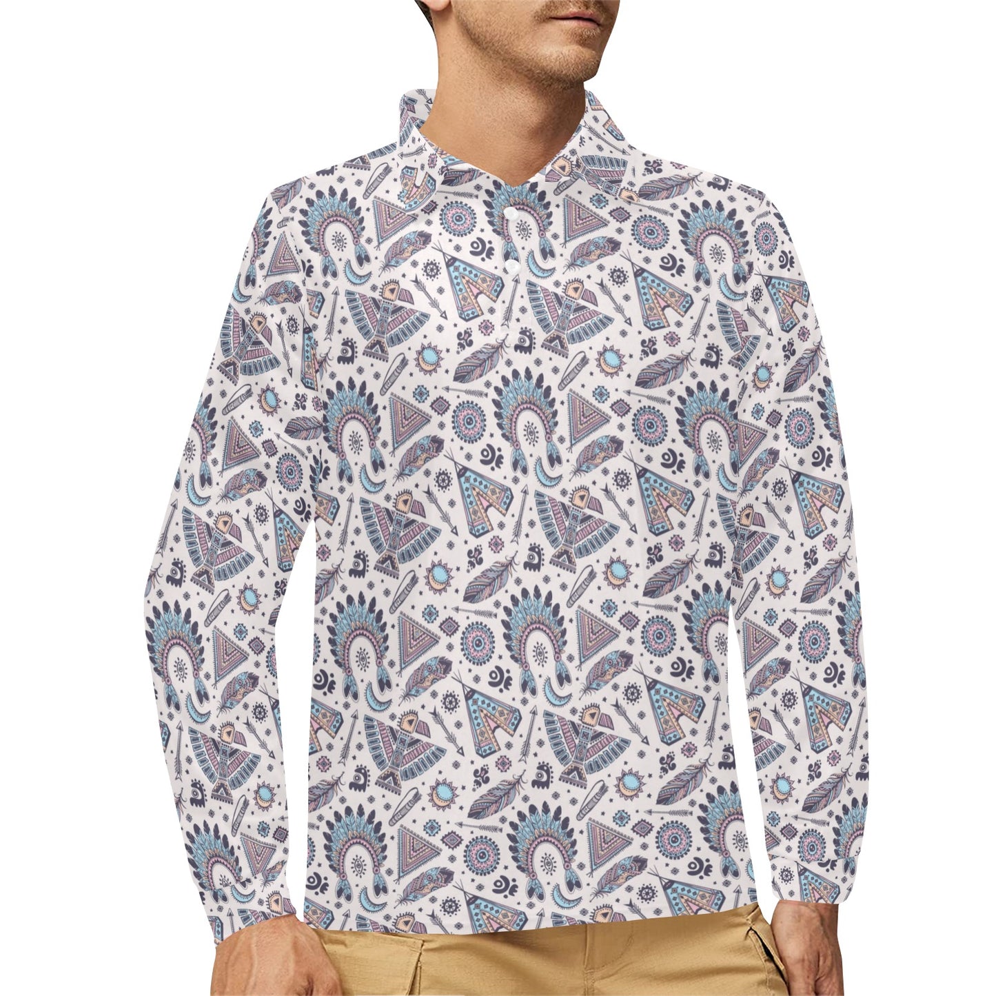 Eagles Native American Indian Symbol Long Sleeve Polo Shirt For Men's