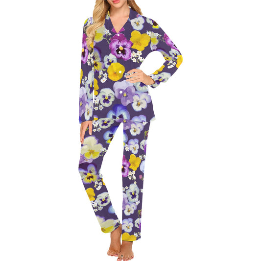 Pansy Pattern Print Design PS02 Women's Long Pajama Set
