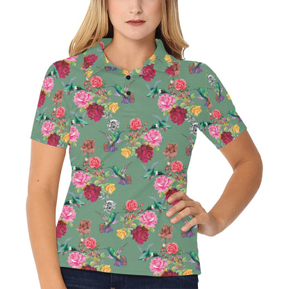 Hummingbird with Rose Themed Print Women's Polo Shirt