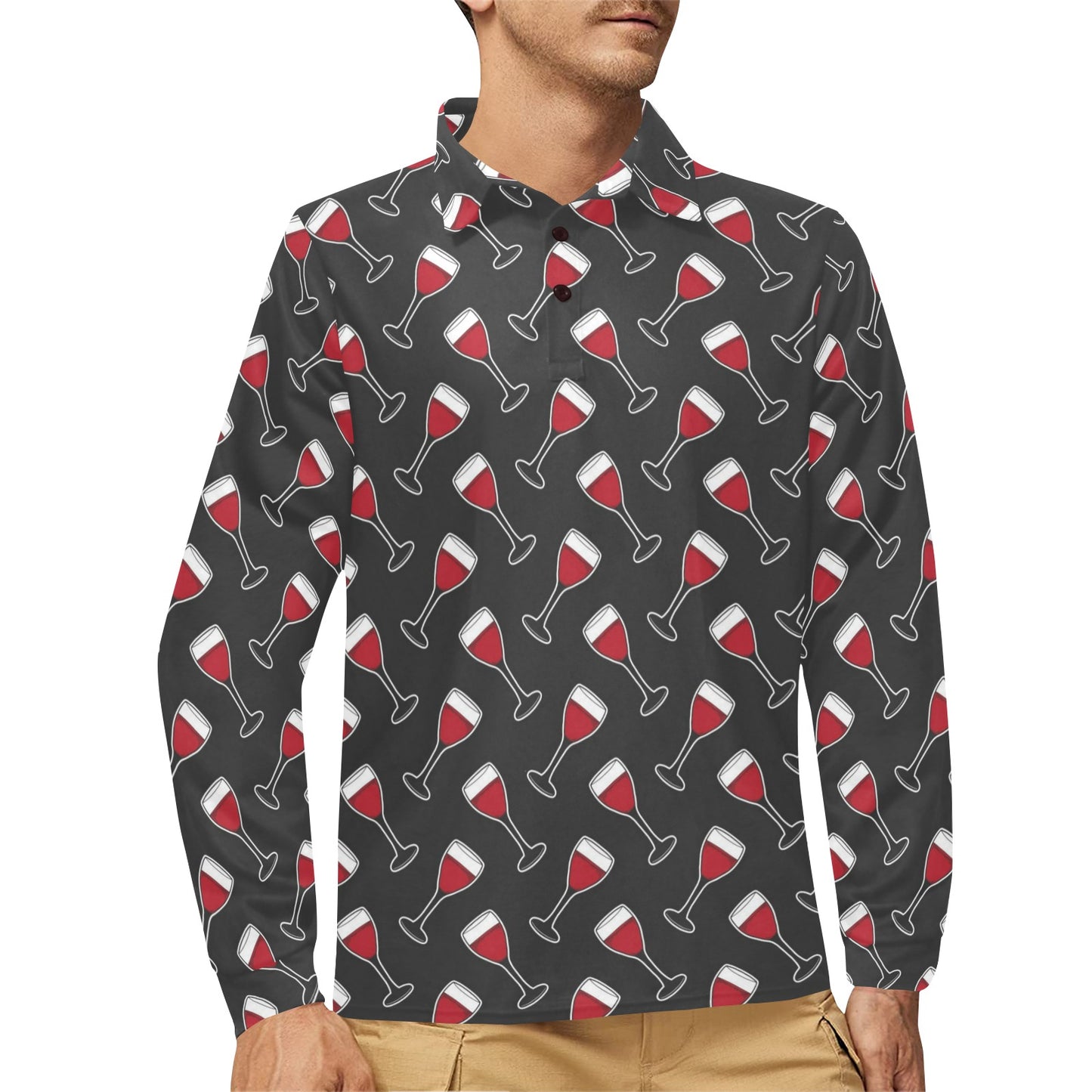 Wine Print Design LKS308 Long Sleeve Polo Shirt For Men's