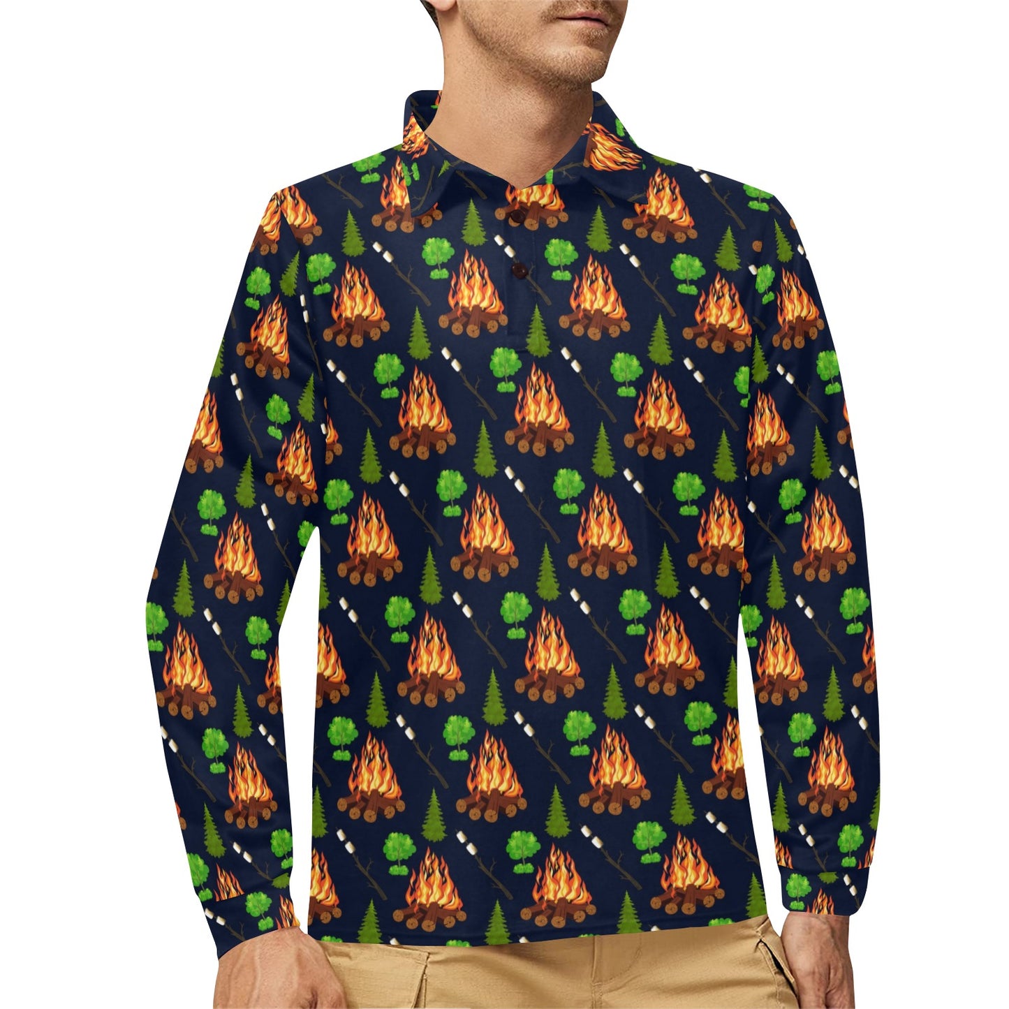 Camfire marshmallow Camping Design Print Long Sleeve Polo Shirt For Men's