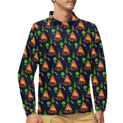 Camfire marshmallow Camping Design Print Long Sleeve Polo Shirt For Men's