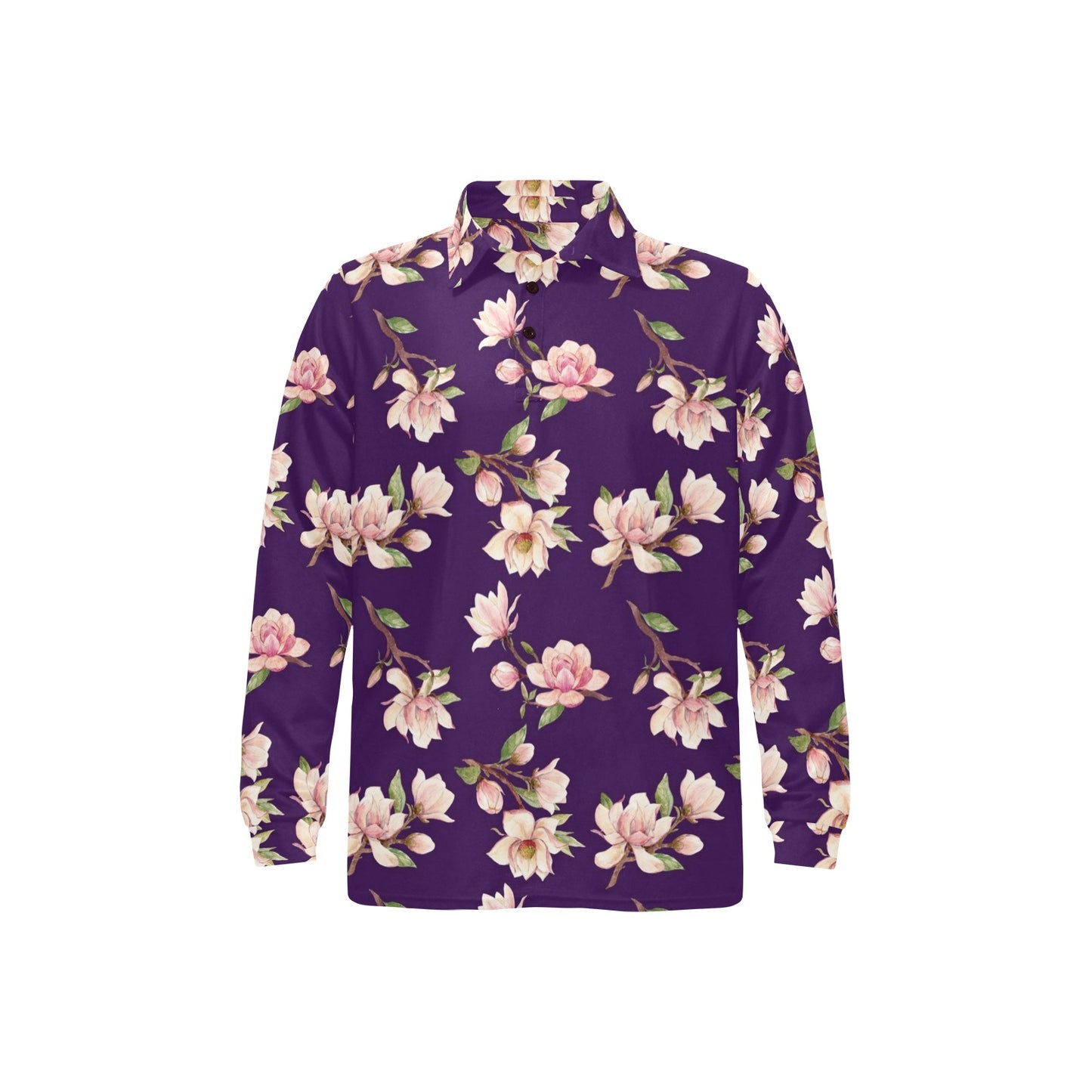 Magnolia Pattern Print Design MAG02 Long Sleeve Polo Shirt For Men's