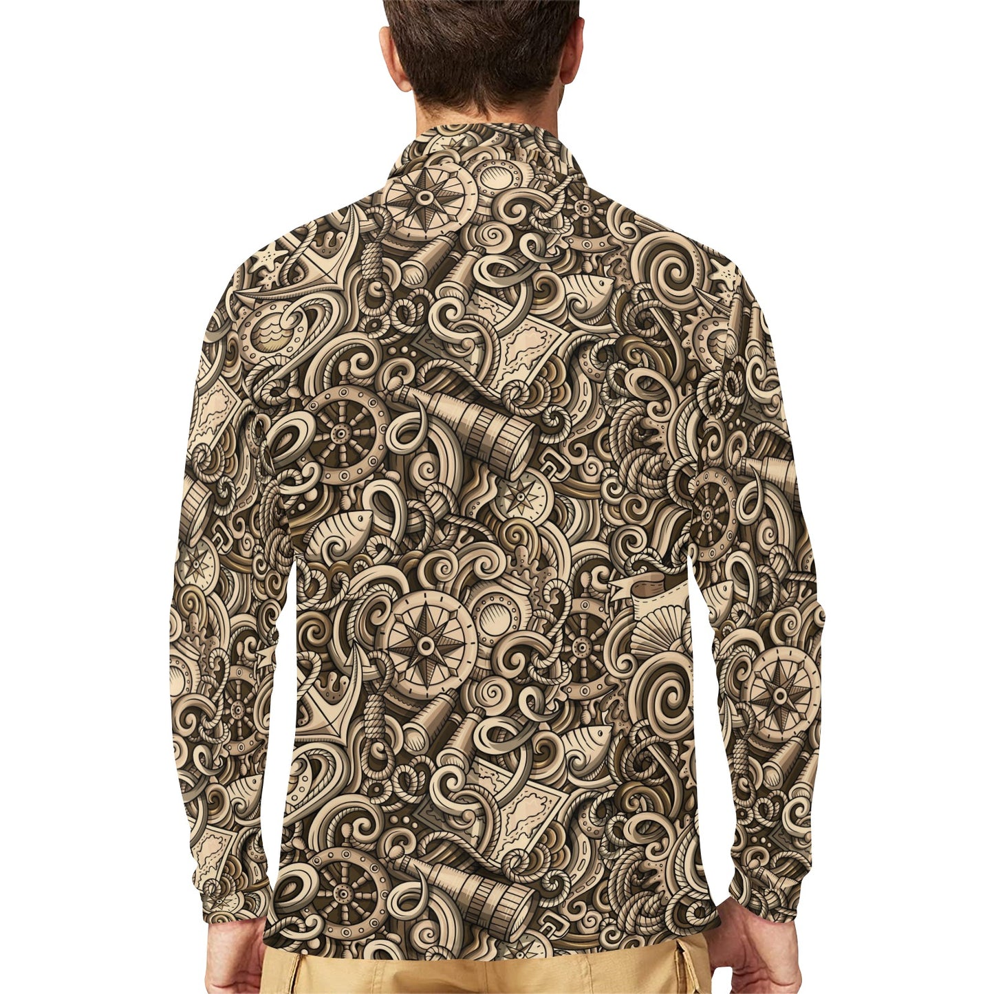 Nautical Tattoo Design Themed Print Long Sleeve Polo Shirt For Men's