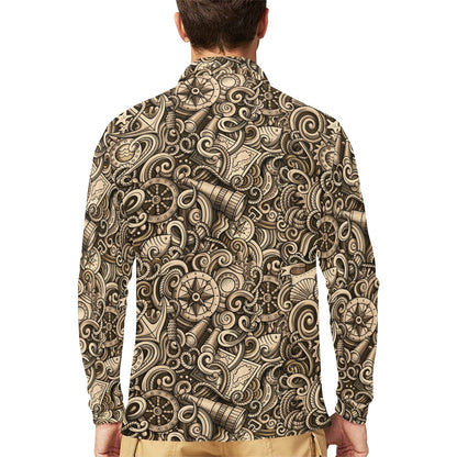 Nautical Tattoo Design Themed Print Long Sleeve Polo Shirt For Men's