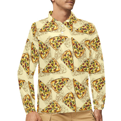 Pizza Pattern Print Design A01 Long Sleeve Polo Shirt For Men's