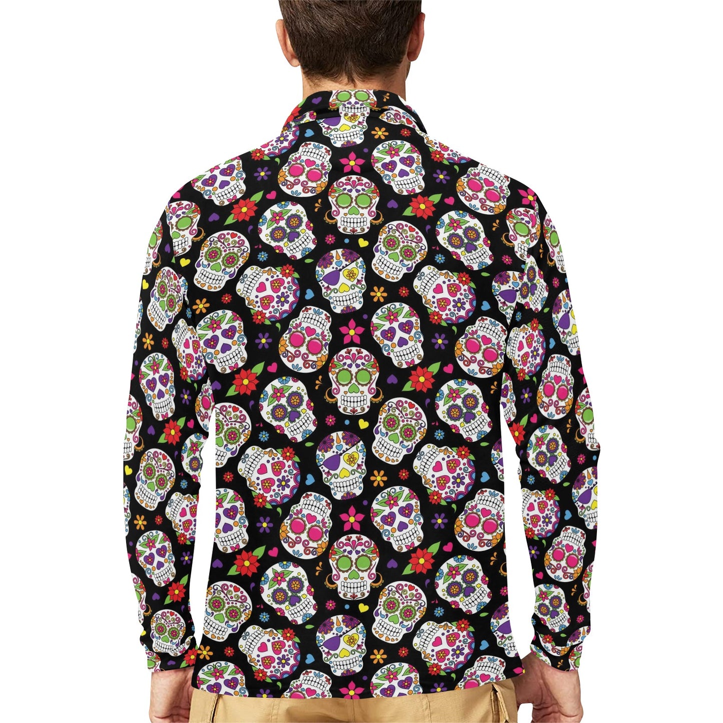 Sugar Skull Print Design LKS302 Long Sleeve Polo Shirt For Men's
