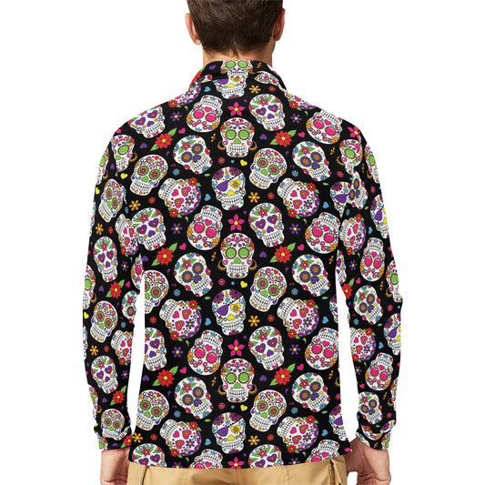 Sugar Skull Print Design LKS302 Long Sleeve Polo Shirt For Men's