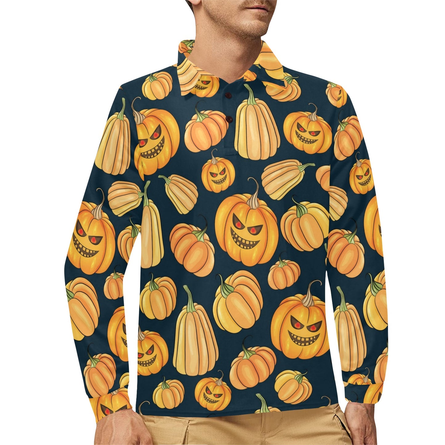 Pumpkin Halloween Pattern Print Design A04 Long Sleeve Polo Shirt For Men's
