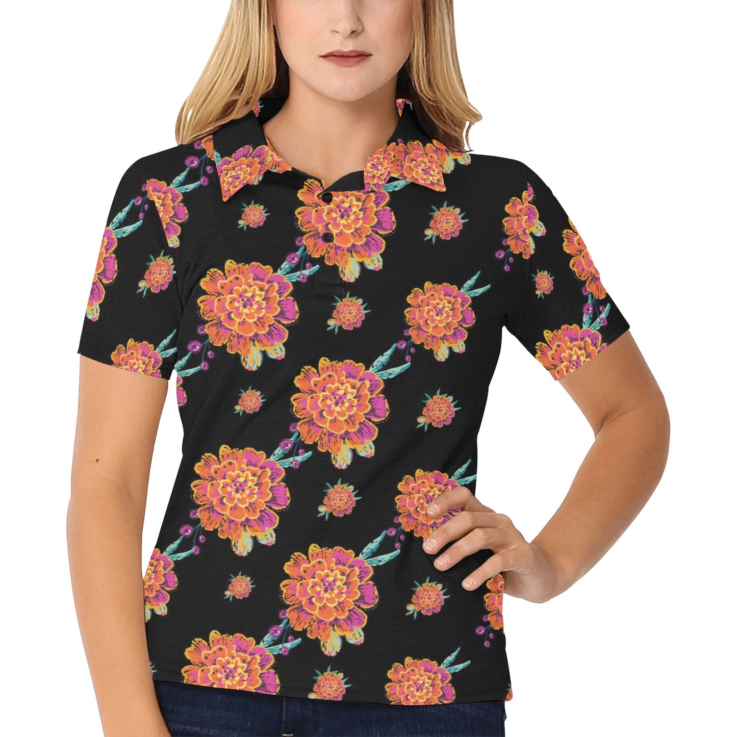 Marigold Pattern Print Design 01 Women's Polo Shirt