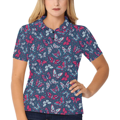 Butterfly Red Deep Blue Print Pattern Women's Polo Shirt