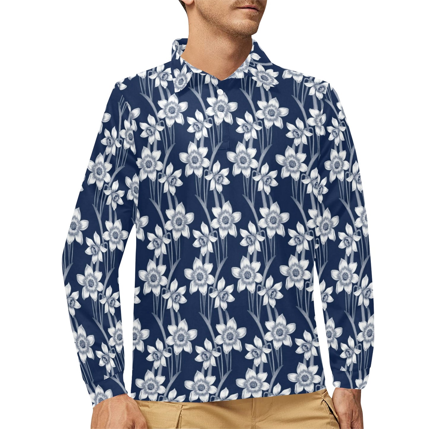 Daffodils Pattern Print Design DF09 Long Sleeve Polo Shirt For Men's