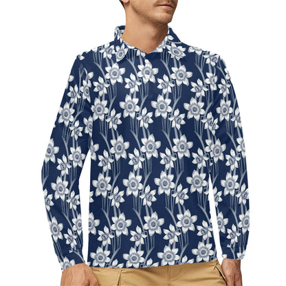 Daffodils Pattern Print Design DF09 Long Sleeve Polo Shirt For Men's