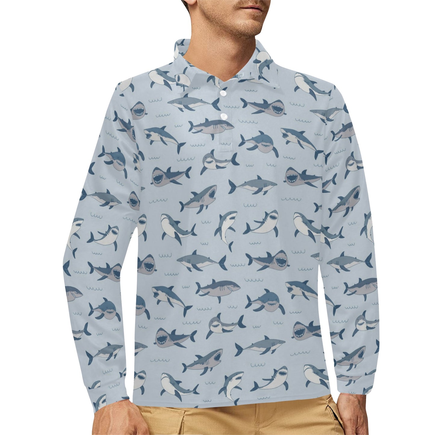Shark Print Design LKS304 Long Sleeve Polo Shirt For Men's