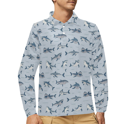 Shark Print Design LKS304 Long Sleeve Polo Shirt For Men's