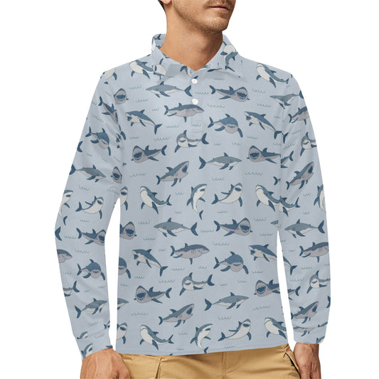 Shark Print Design LKS304 Long Sleeve Polo Shirt For Men's