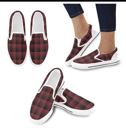 Tartan Red Black Print Design LKS303 White Slip Ons Canvas Women's Shoes