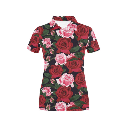 Rose Red Pink Pattern Print Design RO01 Women's Polo Shirt