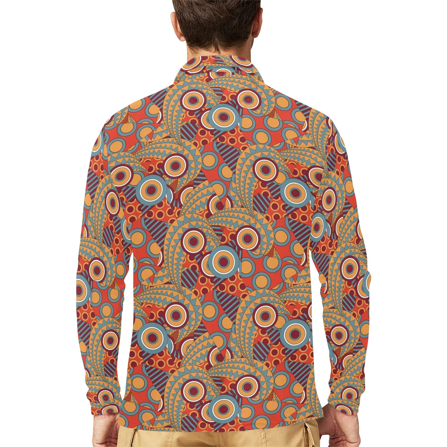 African Pattern Print Design 06 Long Sleeve Polo Shirt For Men's