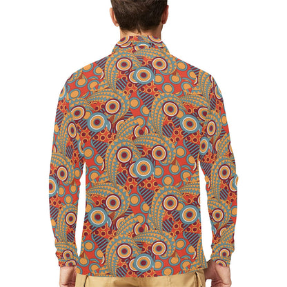 African Pattern Print Design 06 Long Sleeve Polo Shirt For Men's