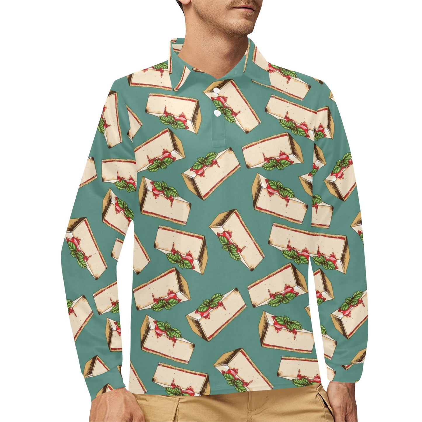 Cheesecake Pattern Print Design CK02 Long Sleeve Polo Shirt For Men's
