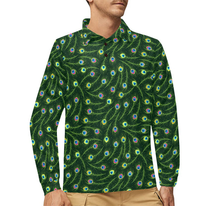Peacock Feather Green Design Print Long Sleeve Polo Shirt For Men's