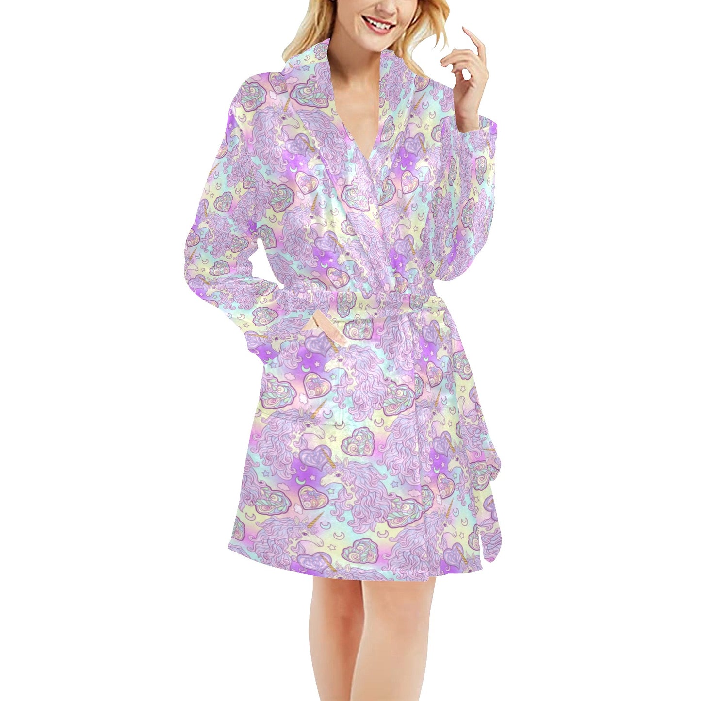 Unicorn Rainbow Star Heart Print Women's Fleece Robe