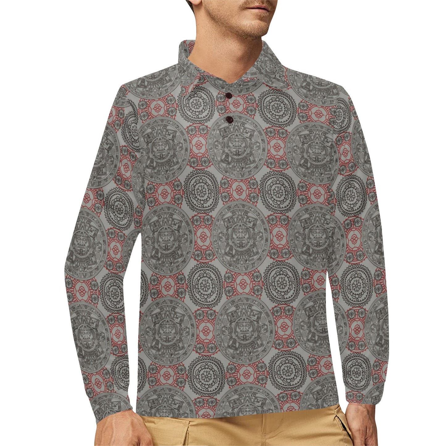 Calendar Aztec Style Print Pattern Long Sleeve Polo Shirt For Men's